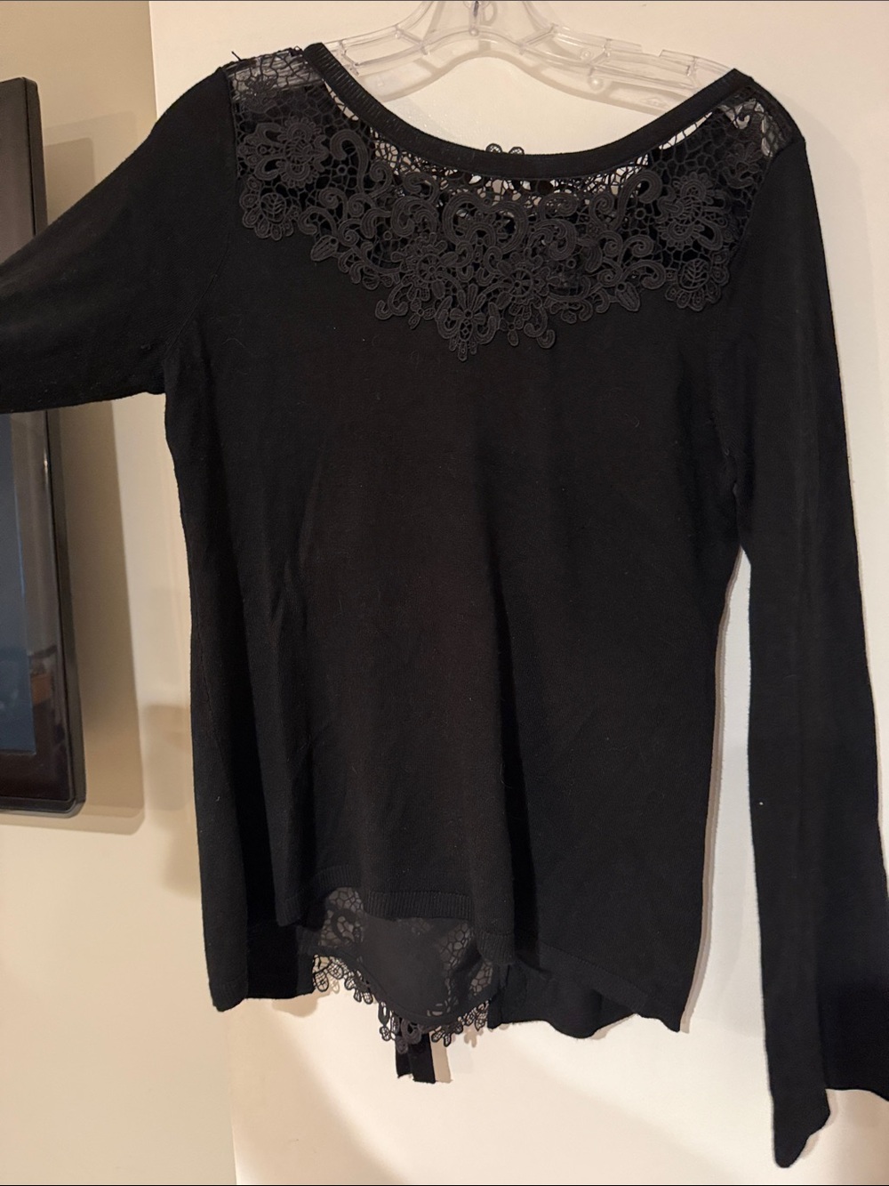 White House Black Market Black Lace-Trim Sweater with gorgeous tie back detaill